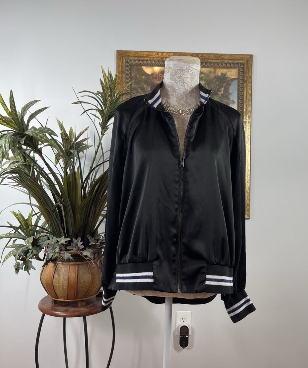 Rachel Roy Black Satin Bomber Jacket Snap Side Zip Front Striped Trim L